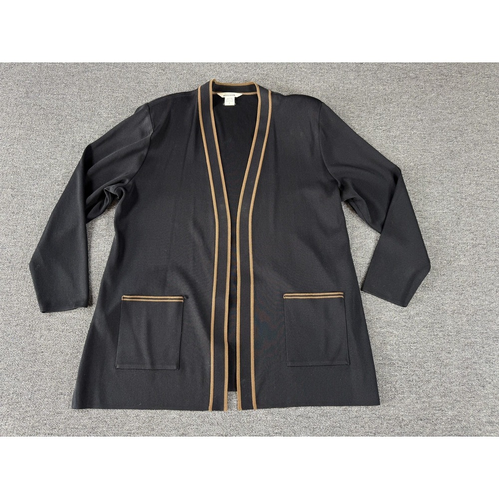 Misook Cardigan Sweater Womens Large‎ Black Knit Open Front V Neck Brown Trim